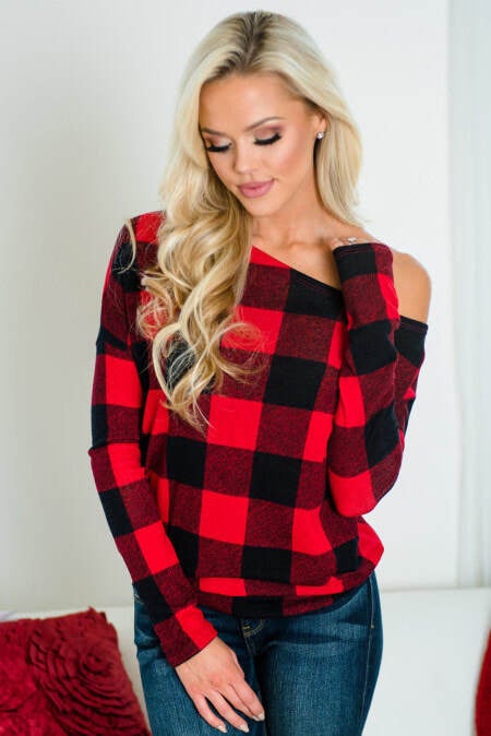 Plaid off 2025 the shoulder top