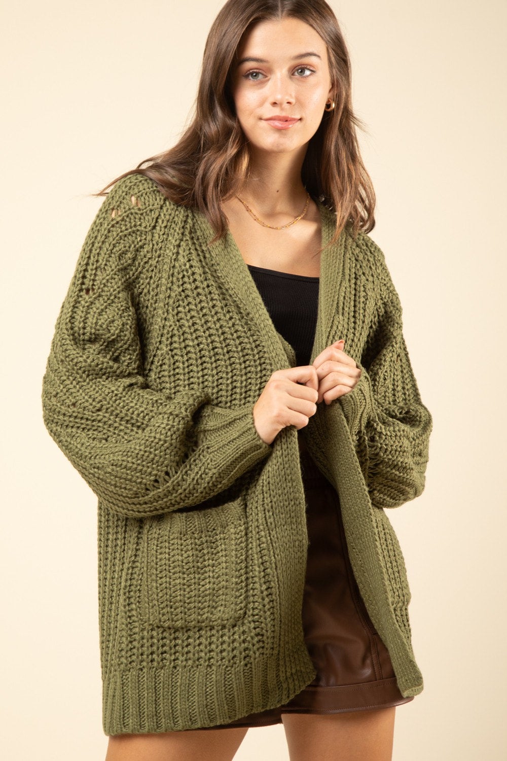 Olive Green Oversized Woven Knit Sweater Cardigan Size S M L