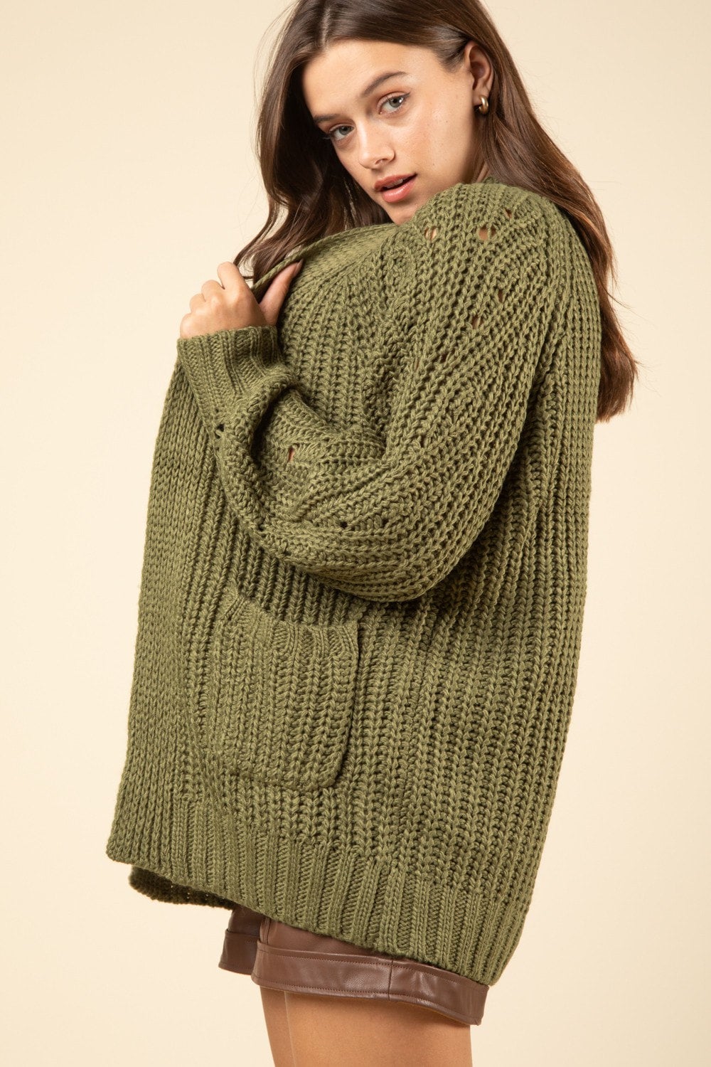 Olive Green Oversized Woven Knit Sweater Cardigan Size S M L Small